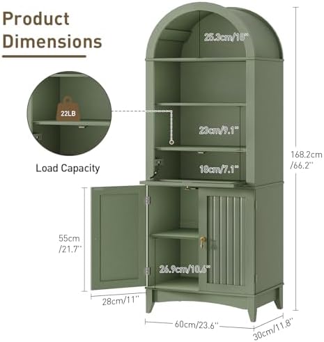 RALGEND 66" Tall Bathroom Storage Cabinet with Flip Drawer, Freestanding Storage Cabinet with Doors & Shelves,Arched Cabinets for Bathroom, Living Room, Kitchen, Laundry, Green