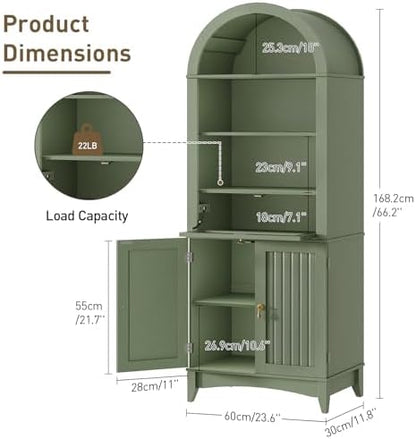 RALGEND 66" Tall Bathroom Storage Cabinet with Flip Drawer, Freestanding Storage Cabinet with Doors & Shelves,Arched Cabinets for Bathroom, Living Room, Kitchen, Laundry, Green