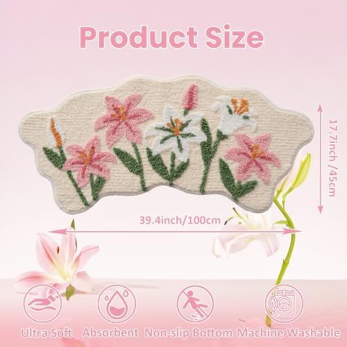 Cloud-Shaped Lily Bath Mat, Soft Non-Slip Fluffy Fresh Flowers Bathroom Rug, Ultra Absorbent Microfiber Shaggy Door Mat, Machine Washable Bath Rug Carpet for Bathtub Bedroom 18x39 Inch (Pink Lily S)