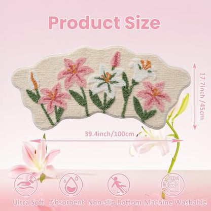 Cloud-Shaped Lily Bath Mat, Soft Non-Slip Fluffy Fresh Flowers Bathroom Rug, Ultra Absorbent Microfiber Shaggy Door Mat, Machine Washable Bath Rug Carpet for Bathtub Bedroom 18x39 Inch (Pink Lily S)