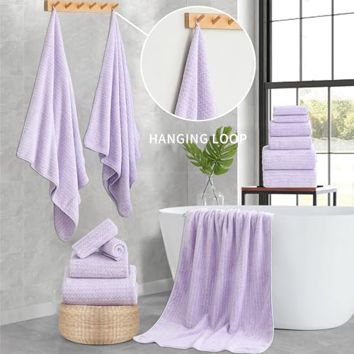 Ultra Soft Bath Towel Set,12 Piece (4 Bath Towels,4 Hand Towels,4 Washcloths) Family Bathroom Towels Set with Hanging Loop,Quick Dry Extra Absorbent Shower Towel for Bathroom,Hotel,Spa-Light Purple
