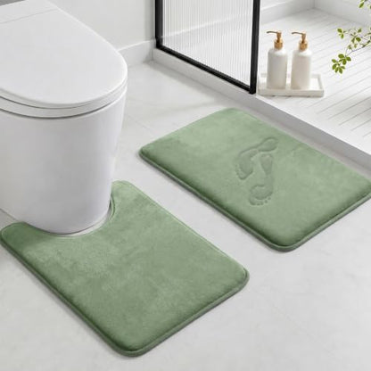 HUXMEYSON Bathroom Rugs Sets 2 Piece, Non-Slip & Quick Dry Bath Mat Set, Ultra Soft Velvet Bath Rugs for Bathroom, Toilet and Shower Floor, Grey Green