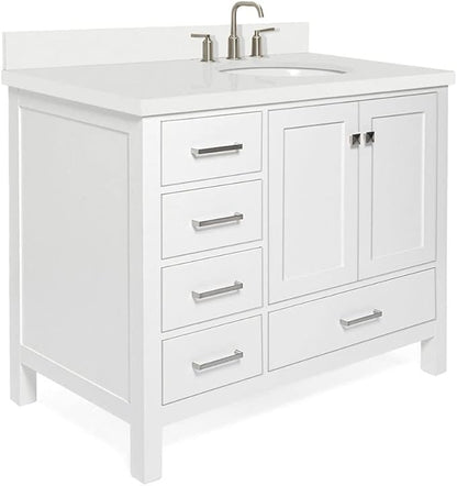 ARIEL Cambridge 42-inch Bathroom Vanity with Sink,Solid Wood, 1.5-inch Pure White Quartz Countertop & Backsplash, Single Oval Porcelain Sink, 2 Soft Closing Doors, 5 Dovetail Drawers, White