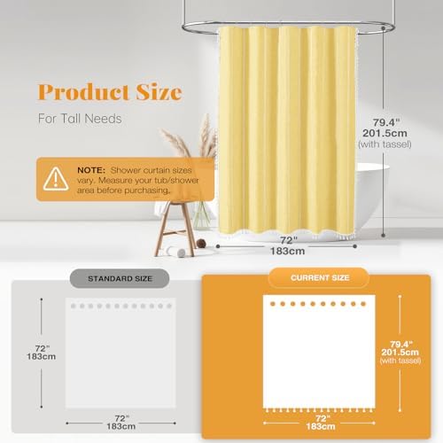 BTTN 72x78 Long Boho Farmhouse Linen Heavy Duty Shower Curtain Set, Yellow