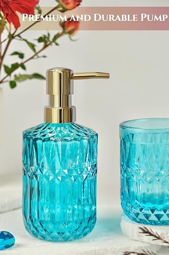 LaMarriti Teal Bathroom Accessorries Set, 5Pcs Glass Bathroom Set