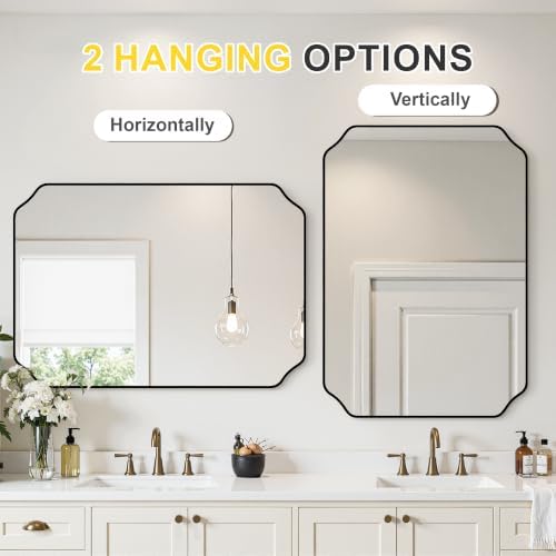 Vanity Bathroom Mirror, 28" x 40" Black Scalloped Mirror for Wall