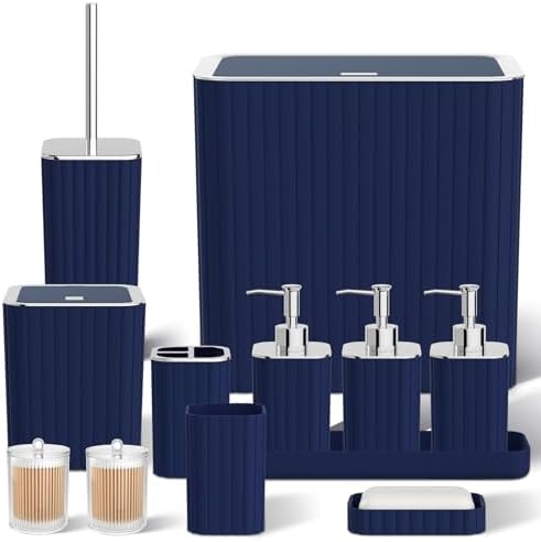 Bathroom Accessory Set - Bathroom Set, 27PC Bathroom Accessories Set, Navy Blue Bathroom Sets with Shower Curtain and Rugs, Mini Trash Can, Toilet Brush, Trash Can & Soap Dispenser