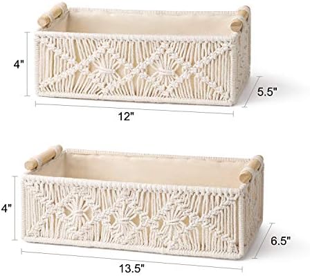Mkono 2Pc Macrame Storage Basket, Boho Decor Toilet Paper Holder, Ivory
