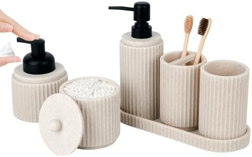 Beige Bathroom Accessory Set - 6 Pcs: Toothbrush Holder, Lotion & Foaming Soap Dispensers, Qtip Holder, Vanity Tray, Bathroom Tumbler - Countertop Organizer