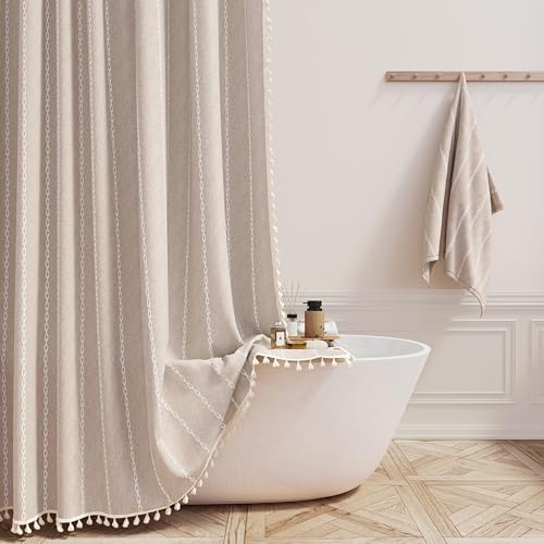 BTTN 72 x 80 Boho Linen Heavy Duty Cloth Shower Curtain Set, Tan/Taupe