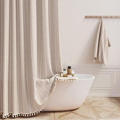 BTTN 54 x 72 Boho Linen Heavy Duty Cloth Shower Curtain Set, Tan/Taupe