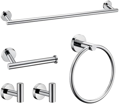 5 Pieces Polished Chrome Bathroom Hardware Accessories Set, SUS304 Stainless Steel 24 Inch Bath Towel Bar Set, Round Bathroom Towel Holder Set, Towel Racks for Bathroom Wall Mounted