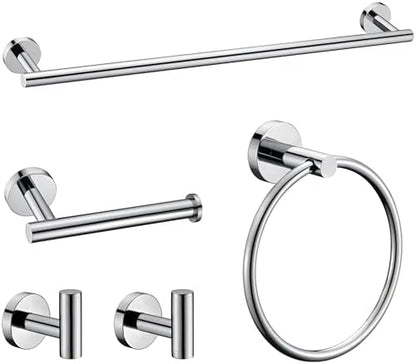 5 Pieces Polished Chrome Bathroom Hardware Accessories Set, SUS304 Stainless Steel 24 Inch Bath Towel Bar Set, Round Bathroom Towel Holder Set, Towel Racks for Bathroom Wall Mounted