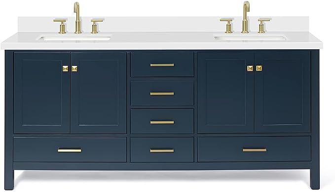 ARIEL Cambridge 72-inch Bathroom Vanity with Sink,Solid Wood, 1.5-inch Pure White Quartz Countertop, Double Rectangular Porcelain Sink, 4 Soft Closing Doors, 6 Dovetail Drawers, Midnight Blue