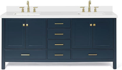 ARIEL Cambridge 72-inch Bathroom Vanity with Sink,Solid Wood, 1.5-inch Pure White Quartz Countertop, Double Rectangular Porcelain Sink, 4 Soft Closing Doors, 6 Dovetail Drawers, Midnight Blue