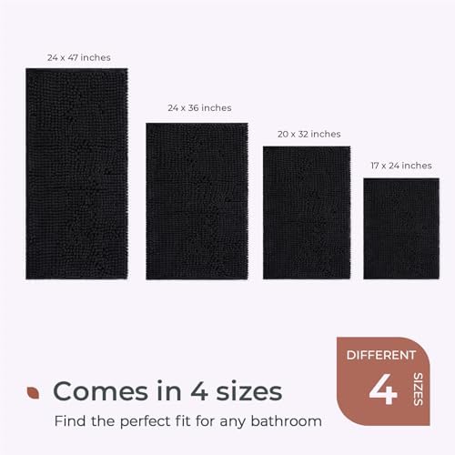 FRESHMINT Bath Mat 32’x20’, High Pile Chenille, Soft Absorbent Microfiber Rug, Non-Slip Black