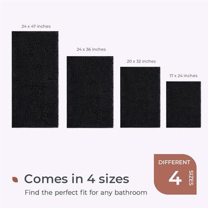 FRESHMINT Bath Mat 32’x20’, High Pile Chenille, Soft Absorbent Microfiber Rug, Non-Slip Black
