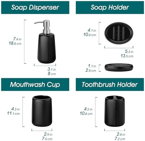 vancasso Ceramic Bathroom Accessories Set 4 Piece, Soap Dispenser with Stainless Steel Pump, Toothbrush Holder, Tumbler and Soap Dish, Modern Relief Design, Bathroom Decor Organizer, Black