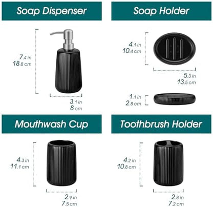 vancasso Ceramic Bathroom Accessories Set 4 Piece, Soap Dispenser with Stainless Steel Pump, Toothbrush Holder, Tumbler and Soap Dish, Modern Relief Design, Bathroom Decor Organizer, Black