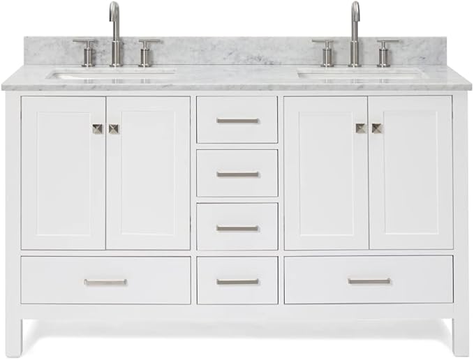 ARIEL Cambridge 60-inch Bathroom Vanity with Sink,Solid Wood, 0.75-inch Italian Carrara Marble Countertop, Double Rectangular Porcelain Sink, 4 Soft Closing Doors, 6 Dovetail Drawers, White