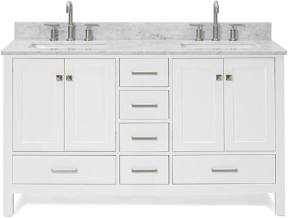 ARIEL Cambridge 60-inch Bathroom Vanity with Sink,Solid Wood, 0.75-inch Italian Carrara Marble Countertop, Double Rectangular Porcelain Sink, 4 Soft Closing Doors, 6 Dovetail Drawers, White