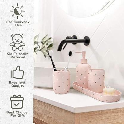 Bathroom Accessories Sets 4-Piece, Premium Pastel Heart Bathroom Accessory Complete Set - Toothbrush Holder, Lotion Soap Dispenser, Vanity Tray, Bathroom Tumbler for Countertop Vanity (Pink)