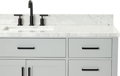 ARIEL Hepburn 60-inch Bathroom Vanity with Sink,Solid Wood, 1.5-inch Italian Carrara Marble Countertop, Single Rectangular Porcelain Sink, 2 Soft Closing Doors, 9 Dovetail Drawers, Grey