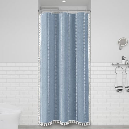 BTTN Small Boho Farmhouse Linen Heavy Duty Shower Curtain, 36x72, Blue