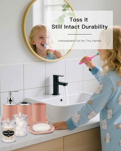 IMAVO Bathroom Accessories Set,Coral Pink Bathroom Set,9 Pieces Bathroom Accessory Set,Tray,Qtip Holders,Toilet Brush,Trash Can for Bathroom Décor and Home Gifts