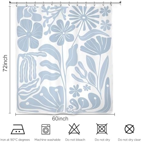 Light Blue Matisse Flower Shower Curtain 60Wx72L Inch Abstract Retro Aesthetic Minimalist Vintage Art 70s Modern Bathroom Set Accessories Decor with 12 Pack Hooks