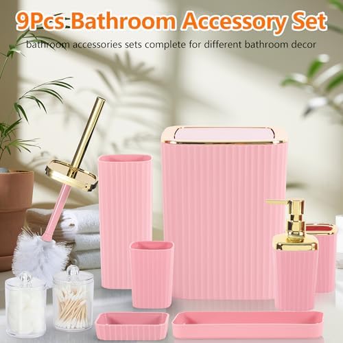 9 PCS Pink Bathroom Accessories Set with Trash Can Bathroom Accessory