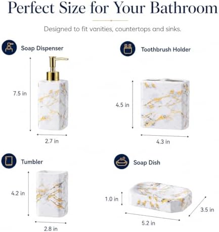 4 Piece Bathroom Accessories Set - White Bathroom Accessory Sets Includes Lotion Dispenser, Toothbrush Holder Tumbler, and Soap Dish - Glossy Finish (Marble, White)