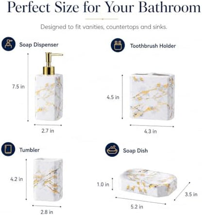 4 Piece Bathroom Accessories Set - White Bathroom Accessory Sets Includes Lotion Dispenser, Toothbrush Holder Tumbler, and Soap Dish - Glossy Finish (Marble, White)