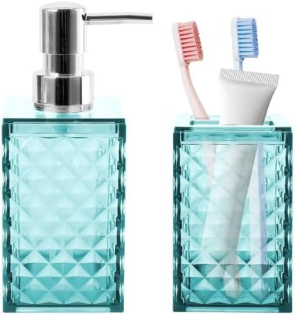2 PCS Bathroom Accessory Set,Teal Blue Soap Dispenser and Toothbrush Holder