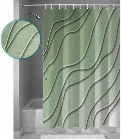 Shower Curtain Bathroom Set Gradient Sage Green Ocean Wave Line Waterproof Shower Curtains with Grommets Hooks Simple Striped Privacy Bath Curtain for Bathtub Decor 60x72in