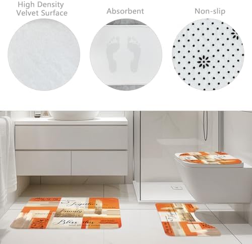 Beige Orange Abstract Oil Quotes 4Pcs Bathroom Shower Curtain Set with Rugs