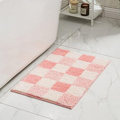 CozeCube Blossom Pink Checkered Bath Mat 32"x20" Non Slip Washable Rug