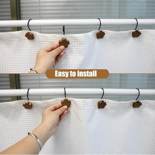 Shower Curtain Hooks, Wood Decorative Shower Curtain Rings, Modern Round Log Shower Curtain Hangers, 12PCS Shower Hooks for Shower Curtain Rod, Bedroom, Living Room (Flower-Black)