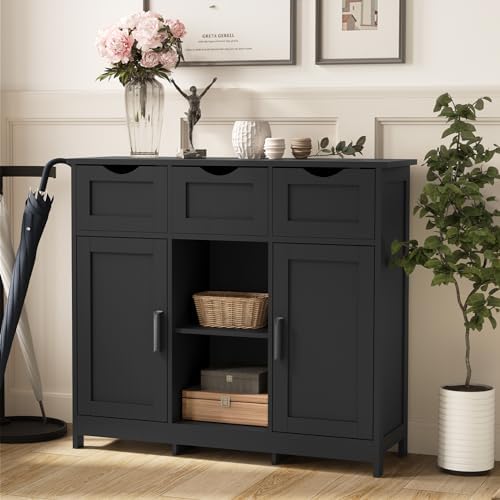 Sideboard Floor Storage Cabinet - Wooden Storage Organizer with 2 Doors and 3 Drawers, Free Standing Accent Buffet Cabinet with Adjustable Shelves for Living Room, Kitchen, Bathroom (Black)