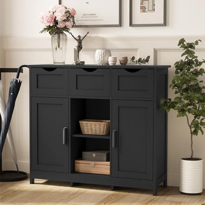 Sideboard Floor Storage Cabinet - Wooden Storage Organizer with 2 Doors and 3 Drawers, Free Standing Accent Buffet Cabinet with Adjustable Shelves for Living Room, Kitchen, Bathroom (Black)
