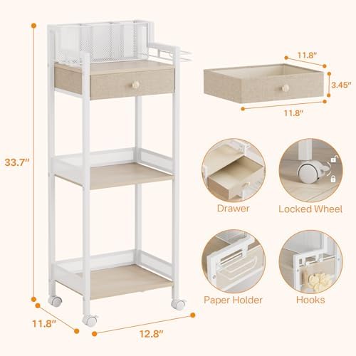 3 Tier Bathroom Organizer Shelf with Drawer, Rolling Makeup Cart
