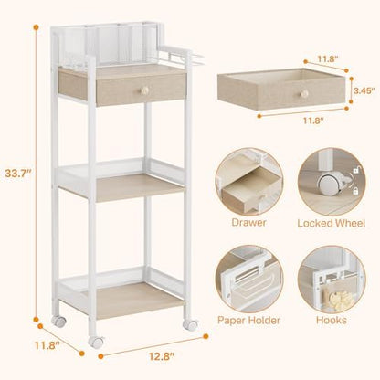 3 Tier Bathroom Organizer Shelf with Drawer, Rolling Makeup Cart