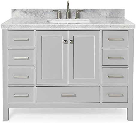 ARIEL Cambridge 48-inch Bathroom Vanity with Sink,Solid Wood, 1.5-inch Italian Carrara Marble Countertop, Single Rectangular Porcelain Sink, 2 Soft Closing Doors, 9 Dovetail Drawers, Grey