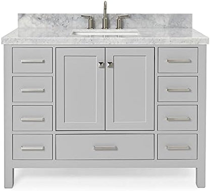 ARIEL Cambridge 48-inch Bathroom Vanity with Sink,Solid Wood, 1.5-inch Italian Carrara Marble Countertop, Single Rectangular Porcelain Sink, 2 Soft Closing Doors, 9 Dovetail Drawers, Grey