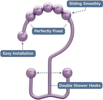 Titanker Shower Curtain Hooks Rings, Rust-Resistant Metal Double Glide Shower Hooks for Bathroom Shower Rods Curtains, Set of 12 Hooks - Greyish-Purple