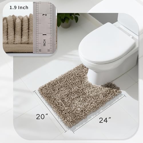 Yimobra Toilet Rugs U Shaped Washable, Extra Thick Soft Absorbent Chenille Contour Bathroom Rugs for Toilet 24x20 Inch, Quick Dry Non Slip Toilet Mat for Bath Floor, Camel