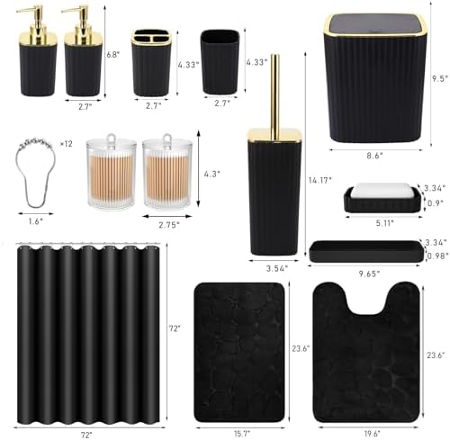 XLHOMO Bathroom Set with Shower Curtain and Rugs- 25PC Bathroom Accessory Set, Black Shower Curtain Set, Toilet Brush, Trash Can, Qtip Holder & Soap Dispenser