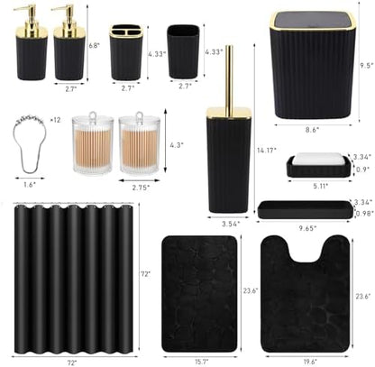 XLHOMO Bathroom Set with Shower Curtain and Rugs- 25PC Bathroom Accessory Set, Black Shower Curtain Set, Toilet Brush, Trash Can, Qtip Holder & Soap Dispenser
