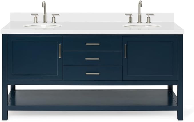 ARIEL Bayhill 72-inch Bathroom Vanity with Sink,Solid Wood, 1.5-inch Pure White Quartz Countertop & Backsplash, Double Oval Porcelain Sink, 2 Soft Closing Doors, 3 Dovetail Drawers, Midnight Blue