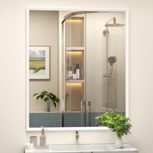 White Framed Bathroom Mirror 36x30, White Vanity Mirrors for Wall